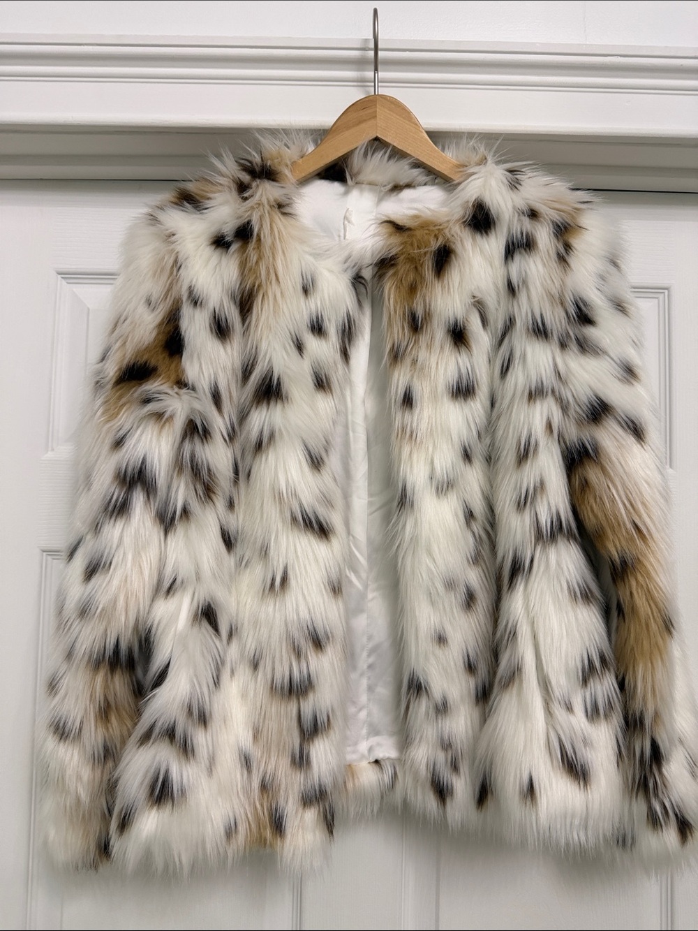 7 For All Mankind Cream Faux Fur Jacket with Brown and Black Spots